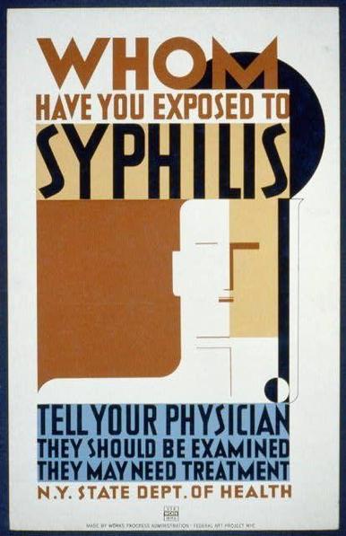 The image is a poster from the New York State Department of Health, created between 1936 and 1939. The purpose of this poster was to raise awareness about syphilis and encourage people who have been exposed to it to get examined by their physician for treatment.
In the center of the poster, there is a bold headline that reads "WHOM HAVE YOU EXPOSED TO SYPHILIS" in all capital letters. Below the headline, smaller text states: "TELL YOUR PHYSICIAN THEY SHOULD BE EXAMINED THEY MAY NEED TREATMENT N.Y.S. STATE DEPT. OF HEALTH." The background of the poster is a muted blue and white color scheme with geometric shapes filling up much of the space.
The overall design of this poster reflects its time period, as it uses silkscreen printing techniques which were popular during that era. This type of printmaking allows for vibrant colors to be applied in distinct areas on paper or canvas, creating strong contrast between different elements within the composition.
