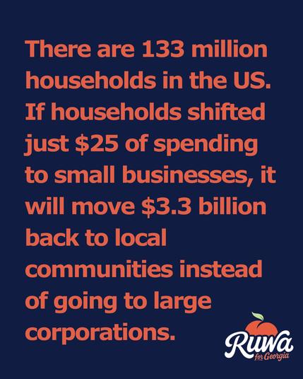 Orange text on navy background that reads: There are 133 million households in the US. If households shifted just $25 of spending to small businesses, it will move $3.3 billion back to local communities instead of going to large corporations