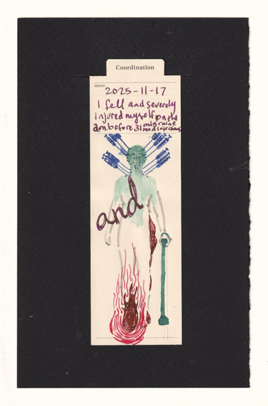 the figure on the bookmark has a bunch of prick marks on their face, neck, and shoulders with large dramatically stylized needles sticking out of them. a stylized "and" is written across their body, showing in the lower body the person's foot is aflame and smoking, with similar textures to a smaller degree on their hip, side leg, and other foot. They hold a cane