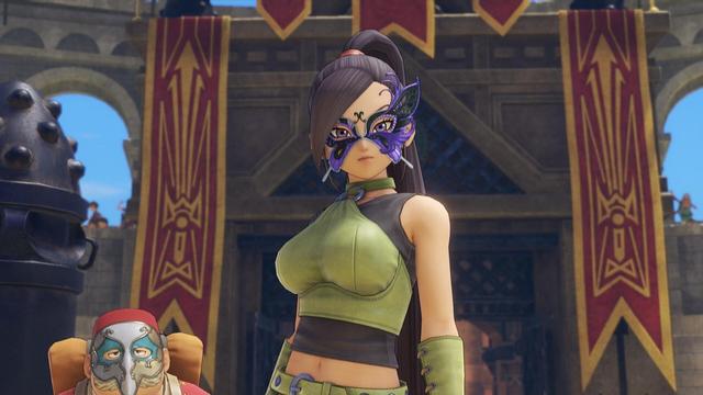 Dragon Quest XI screenshot featuring character Jade, a pretty girl with long dark hair in green wearing a mask.