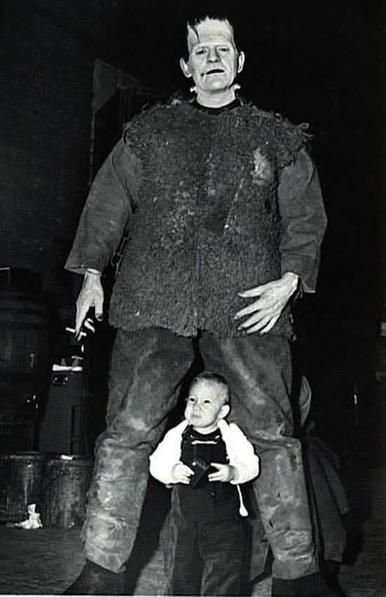 Boris Karloff meets the 11-month old Bela Lugosi Jr. on the set of Son of Frankenstein