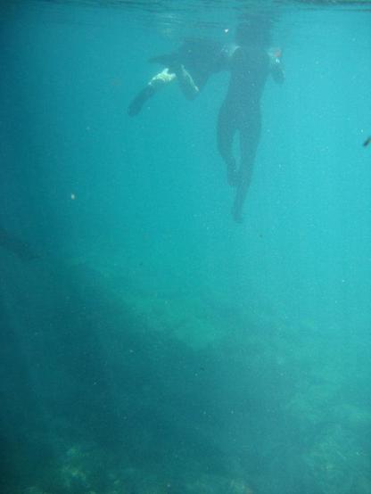 Foto debaixo dágua de um adulto e uma criança com roupas de flutuação, o adulto na vertical e a criança nadando junto a ele. Suas cabeças estão ocultas acima do nível da água. Pode-se ver o fundo do rio e a sombra de alguns peixes.