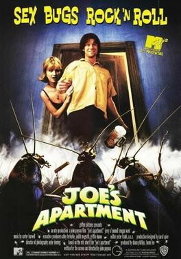 A vertical movie poster for the 1996 comedy Joe's Apartment. Bright yellow text at the top reads "Sex Bugs Rock 'N Roll." In the center, a young Jerry O'Connell stands in a doorway holding a beer stein, looking happy, while a woman peers nervously over his shoulder. The bottom half of the image features several large, hyper-realistic cockroaches raising their arms and dancing in front of the movie title, which is written in bubbly, slime-green letters.