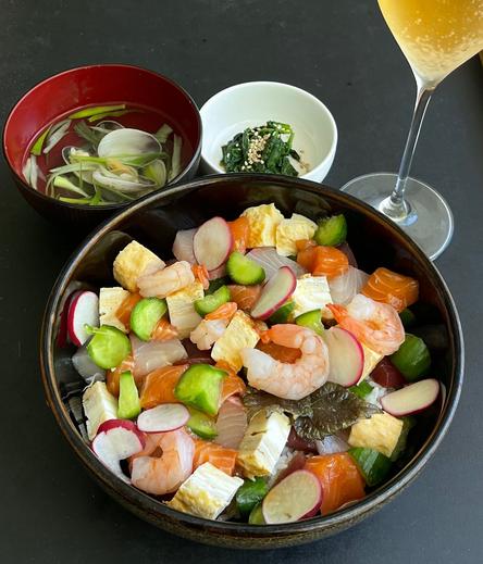 BARA-CHIRASHI (Literally meaning is “scattered” sushi. A dish where sashimi, egg, vegetables are generously scattered over vinegared rice)