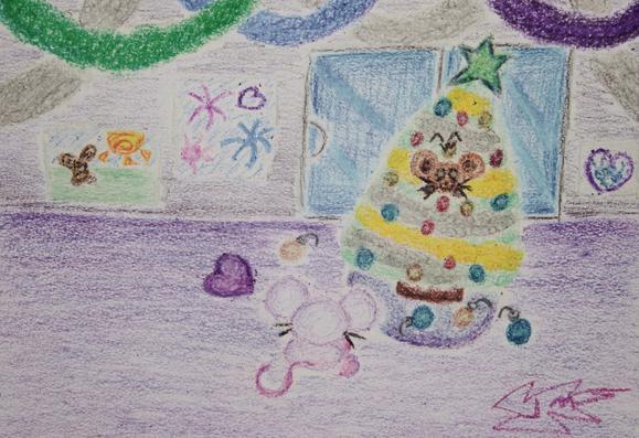 A crayon drawing of a pair of pet mice playing in a tree as it's being trimmed. The brown mouse is playing in the tree while the white mouse is giggling at him in the foreground.