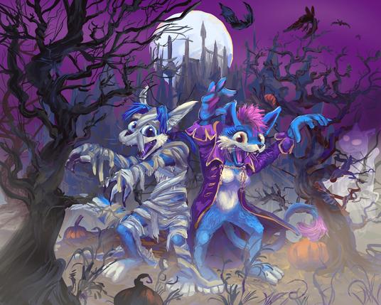 a blue anthropomorphic fox creature ccovered in mummy-type wrappings and a blue anthropomorphic cat person wearing a vampire or pirate-captain styled cloak, both of whom in generic "scary monster" poses, amidst a mist and scraggle-tree-filled vicinity with a large full moon and vague, eccentric castle implied in the distance