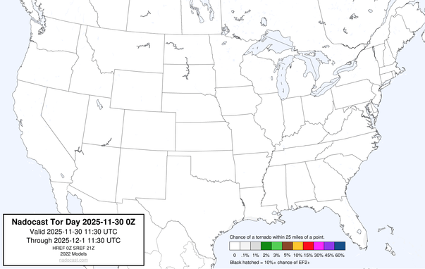 0z Day #Tornado Forecast - a map of the United States depicting areas of various colors to incidate tornado risks