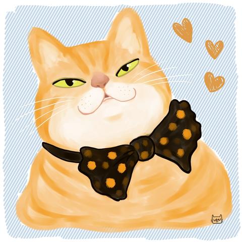 A digital painting of an orange cat with a bow and a smug expression.
