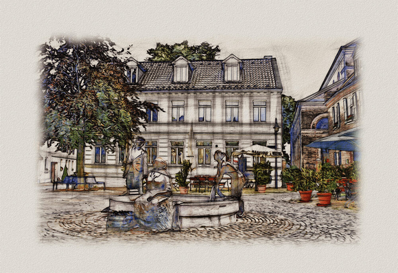 Bearbeites Foto das nun aussieht wie eine Zeichnung: Ein Platz mit einem runden Brunnen und drei Figuren rundherum. Im Hintergrund ein Haus, davor ein Baum und ein Biergarten, rechts noch Blumenkübel.

Edited photo that now looks like a drawing: A square with a round fountain and three figures around it. In the background, a house, in front of it a tree and a beer garden, and flower pots on the right.