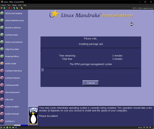 Mandrake Linux graphical installer window: progress bar installing RPM packages, with left-side panel listing installation steps (language, hard drive detection, filesystem setup, bootloader, etc.), and notice telling user the new system is being installed