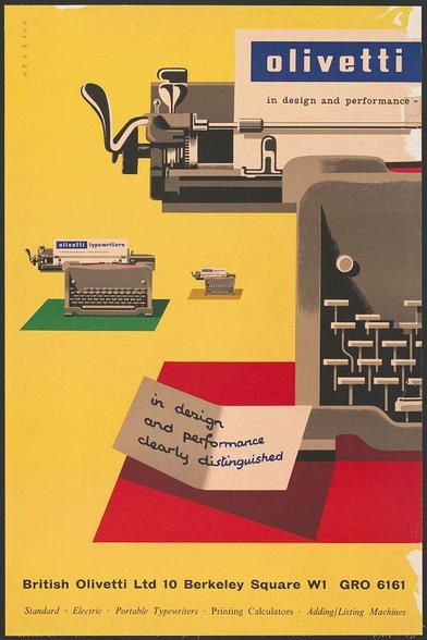The image is a vintage poster advertisement for British Olivetti Ltd's typewriters, designed in the 1950s. The background features bold yellow and red colors that create a striking contrast with various images of different types of typewriters by Oliveetti displayed on it.
In this colorful composition, several models are showcased from multiple angles: some depict front views while others reveal side profiles or back details. Each machine is distinctly rendered in black ink against the vibrant background to highlight their design and features clearly for potential customers.

A prominent text block with a bold white font reads "Olivetti" at the top, emphasizing brand recognition, followed by another line stating its claim of excellence: 'in design and performance - clearly distinguished.' Below this statement is additional information about British Olivetti Ltd's range of products such as typewriters, printing calculators, adding/printing machines etc., suggesting a comprehensive offering to fulfill various business needs.

The poster showcases the brand’s commitment to innovation in their product lineup while also reflecting an era-specific visual style that uses vivid colors and contrasting shades effectively. This marketing piece serves its purpose by presenting visually appealing representations of Oliveetti's typewriters, aiming to attract attention through both color contrast and a clear display of design features. [...]