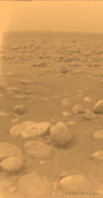 2025 November 30
A strange orange landscape is shown. What appears to be light and dark orange rocks are strewn about. The landscape appears roughly flat all the way out to the orange sky and horizon.
The Surface of Titan from Huygens
* Image Credit: ESA, NASA, JPL, U. Arizona, Huygens Lander
Explanation:
If you could stand on Titan -- what would you see? The featured color view from Titan gazes across an unfamiliar and distant landscape on Saturn's largest moon. The scene was recorded by ESA's Huygens probe in 2005 after a 2.5-hour descent through a thick atmosphere of nitrogen laced with methane. Bathed in an eerie orange light at ground level, rocks strewn about the scene could well be composed of water and hydrocarbons frozen solid at an inhospitable temperature of negative 179 degrees C. The large light-toned rock below and left of center is only about 15 centimeters across and lies 85 centimeters away. The saucer-shaped spacecraft is believed to have penetrated about 15 centimeters into a place on Titan's surface that had the consistency of wet sand or clay. Huygen's batteries enabled the probe to take and transmit data for more than 90 minutes after landing. Titan's bizarre chemical environment may bear similarities to planet Earth's before life evolved.
Authors & editors: Robert Nemiroff (MTU) & Jerry Bonnell (UMCP)
NASA Official: Amber Straughn Specific rights apply.