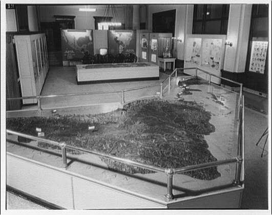 The image shows a black and white photograph of an indoor exhibit featuring a relief map of South America. The model is displayed in a metal-framed, fenced-off area within what appears to be a museum or exhibition hall with several informational panels on the walls behind it.
In front of this display are various artifacts, possibly related to South American history or geography. There's also a large glass case at one end of the room containing additional exhibits and information boards showcasing texts and images for visitors' reference. The setting suggests an educational environment, likely from around 1947 as indicated by the date mentioned in the image context.
This photograph was taken within the Pan American Union Building, possibly depicting a relief map specifically created to educate attendees about South America's topography during that time period. This exhibit reflects historical interests and advancements made for public education on geographical subjects related to Latin America from around 1947 November onwards.