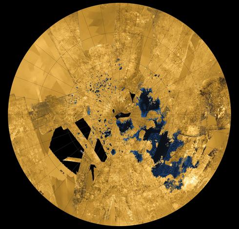 2013 December 20

Titan's Land of Lakes
 * Image Credit: Cassini Radar Mapper, JPL, USGS, ESA, NASA

Explanation: 
Saturn's large moon Titan would be unique in our solar system, the only world with stable liquid lakes and seas on its surface ... except for planet Earth of course. Centered on the north pole, this colorized map shows Titan's bodies of methane and ethane in blue and black, still liquid at frigid surface temperatures of -180 degrees C (-292 degrees F). The map is based on data from the Cassini spacecraft's radar, taken during flybys between 2004 and 2013. Roughly heart-shaped, the lake above and right of the pole is Ligeia Mare, the second largest known body of liquid on Titan and larger than Lake Superior on Earth. Just below the north pole is Punga Mare. The sprawling sea below and right of Punga is the (hopefully sleeping) Kraken Mare, Titan's largest known sea. Above and left of the pole, the moon's surface is dotted with smaller lakes that range up to 50 kilometers across. 

Authors & editors: Robert Nemiroff (MTU) & Jerry Bonnell (UMCP)
NASA Official: Phillip Newman Specific rights apply.
NASA Web Privacy Policy and Important Notices
A service of: ASD at NASA / GSFC
& Michigan Tech. U.