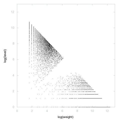 Decomposition into weight × level + jump of weak primes in 2D (log(weight), log(level))
