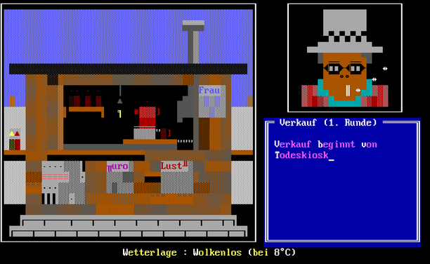 Bild eines BBS DoorGame in ANSI Grafik. Links ist ein Kiosk zu sehen mit schornstein, ketchup und senf flaschen an der seite sowie mehrere zeitschriften vorne am kiosk. im kiosk erkennt man ein regal, kaffee und eine dunstabzugshabe. im rechten teil des bildschirms ist ein rauchender avatar zu sehen. darunter der verkaufsstatus