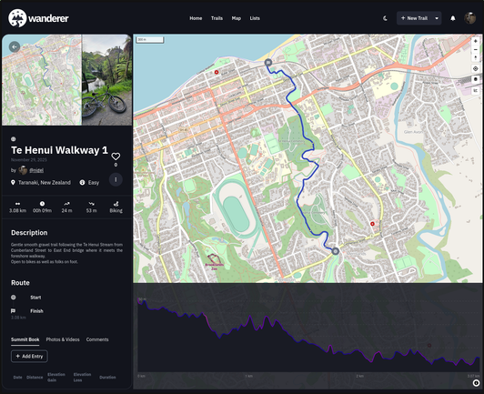 A screenshot of a trail I uploaded which is linked in the post, with an image attached of my bike in front of a river surrounded by trees. The main view panel is a map showing the trail.