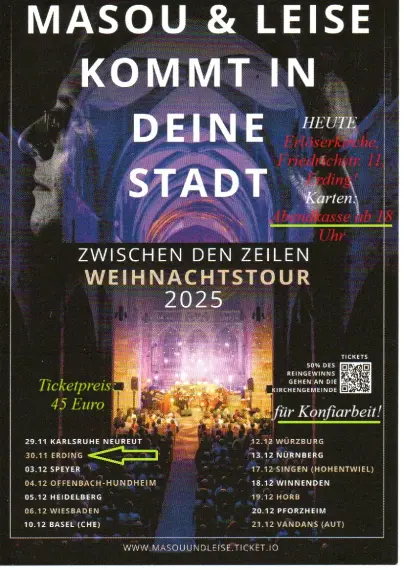Bild zeigt Flyer mit Informationen zum Konzert am 30.11. in der Erlöserkirche Erding (Friedrichstr. 11). Karten zu 45 Euro gibt es noch an der Abendkasse ab 18 Uhr.