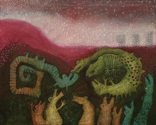 Painter – Anna Rona 
Series of paintings – Dragons
Title of the painting – City Dragons
Technique – Oil on canvas
Dimensions – 100 cm x 80 cm x 2 cm  
Year of creation – 2007 
The painting is in a private collection.
#Painting #annarona #dragons #Orunia #Gorna #Gdansk #colours