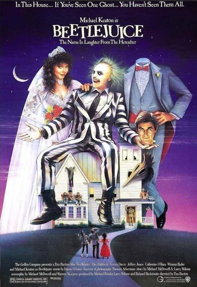 The poster features a surreal and playful scene set against a deep purple night sky with a glowing crescent moon. At the center sits a wild-haired, ghostly trickster character in a black-and-white striped suit. His skin is pale and his expression is mischievous, almost gleeful. He sits casually on the peaked roof of a white, New England-style house as if it were a piece of furniture.

To his right stands a woman dressed in a lacy white wedding gown, smiling awkwardly toward him. To his left is a headless groom’s suit standing upright, with the missing head resting in its own hand at waist level—adding to the poster’s spooky, humorous tone.

Below them, the house is shown in miniature scale. A newlywed couple stands in the doorway looking bewildered, while ghostly figures and odd characters peek out from the windows. At the very bottom, seen from behind, three people stand on a winding path leading toward the house, as though looking up at the supernatural scene above.

The overall style is whimsical, creepy, and comedic—capturing the offbeat, fantastical spirit of the film.