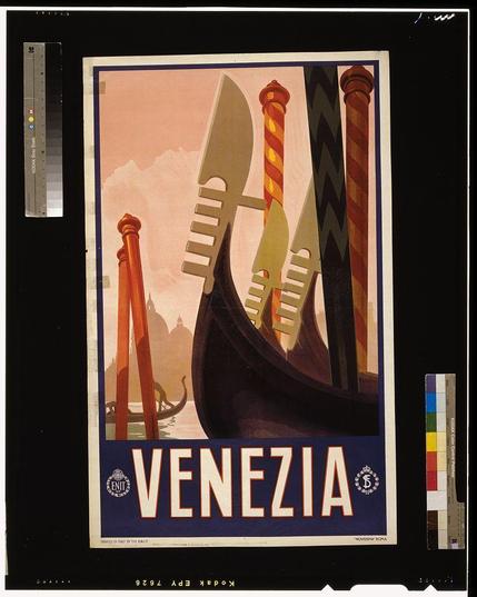 The image depicts an old-style travel poster featuring Venetian gondolas with decorative prows on a canal in Venice. The title "VENEZIA" is prominently displayed at the bottom of the poster, which translates to "Venice." The design includes muted pink and orange hues for the watercolor background, contrasting with bold colors like red, yellow, green, blue, white, and black used for the gondolas' prows. There are also elements such as a compass rose in the top left corner, an official-looking seal on the bottom center labeled "ENIT," indicating it was printed by ENIT (Ente Nazionale Touristico Italiano) of Italy during that time period. The poster is framed within a border with color swatches and text at its edges for scale comparison purposes. This design suggests a nostalgic representation of Venice, aiming to attract tourists through the beauty of Venetian gondolas and waterways depicted in the artwork.