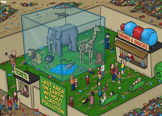 Cartoon showing a zoo. In the zoo is a glass cage with various animals. Around the zoo is a fence and a sign that reads 'Last area on earth without plastic pollution'. Outside the fence, we see hills of plastic trash. A booth is selling tickets to people wanting to enter the zoo. Inside the zoo, the ground is also littered with plastic trash (except for the inside of the glass cage). A stand with a giant plastic bottle on the roof is selling snacks and drinks to the people.