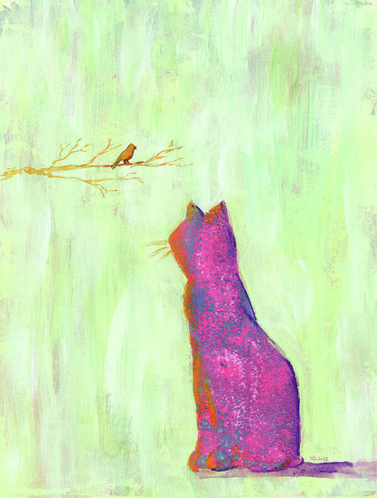 Pink Cat and Orange Bird is an abstract acrylic painting in portrait format painted by the artist Karen Kaspar. A pink cat sits in front of an abstract light green background and looks into the distance to the far left. There, a small bird sits on a branch and sings its song. The cat seems to be listening attentively to the bird. The picture is also excellent for decorating a child's room.