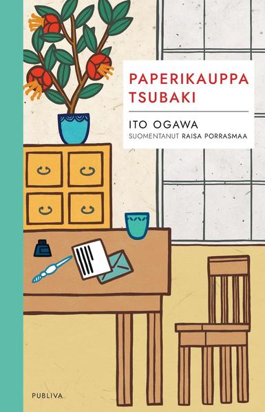 Paperikauppa Tsubaki -kirjan kannessa on yksinkertainen piirros pöydästä, tuolista ja lipastosta. Lipaston päällä on kukkiva viherkasvi, pöydällä kirjekuori, paperia, lasimustekynä, mustepullo ja muki.