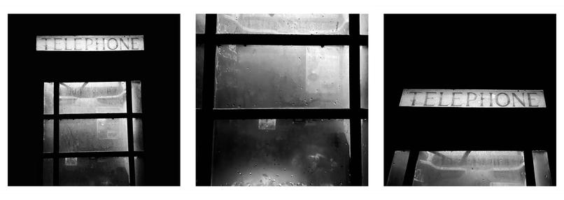A triptych of square black and white photos showing the outside of a telephone box. The left photo depicts the metal framed door with glass panes and a glass sign above showing the word ‘Telephone’. The middle photo shows the windows with condensation on the glass. The right photo shows the top sign of ‘Telephone’ in more detail.