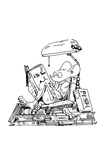 An ink drawing of a mouse reading the Little Prince in French from a big pile of books