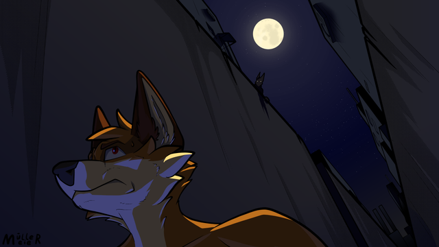 digital drawing of a furry fox seen from below at night with a worried expression walking through a dark narrow concrete passage. Urban buildings can be seen in the background in front of a night sky with a full moon illuminating the scene. A dark shilouete can be seen watching the fox.