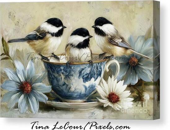 This is a canvas of three adorable black capped chickadee birds perched on an ornate blue and white teacup surrounded by daisy flowers.