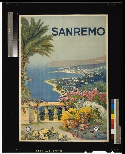The image depicts a vintage travel poster for Sanremo, Italy. The main subject is the scenic view of the coastal town from an elevated perspective. In the foreground, there's a railing with ornate details and flower pots containing lush plants and blooming flowers in hues of yellow, pink, and white. Beyond this terrace area, vibrant flora extends toward the middle ground where Sanremo unfolds alongside its picturesque coastline.
The water is depicted as a deep blue, leading to an azure sea that stretches into the horizon with landforms faintly visible on the far shore. The town itself shows buildings closely packed together in warm colors such as reds and yellows against the green hillsides behind it.
Prominently displayed at the top of the poster are large letters spelling "SANREMO" set against a light blue background, suggesting that this is likely an original or inspired reproduction rather than a modern digital rendering. The artist's signature reads "P. Locatelli," and there's also text indicating production details such as "1928 Pts Envoyé à l'Imprimerie BARABANDA&GRAVE GENEVA" at the bottom right, suggesting that this piece was produced during 1928 by a specific printing house in Geneva.
The poster is presented with various measurement and color calibration marks along its edges indicating it's likely part of an exhibition or archival display.