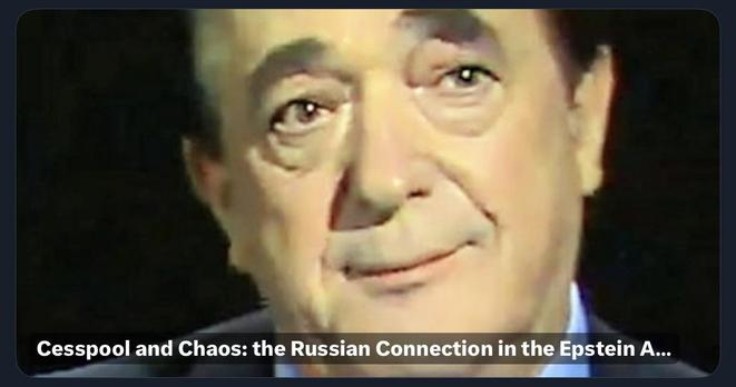 A close-up of a man with an expression of contemplation or concern, with a dark background. The text overlay mentions "Cesspool and Chaos: the Russian Connection in the Epstein A..." indicating a discussion related to the Epstein case and Russian connections.