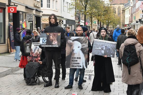 Aktivis stehen in der Innenstadt und halten Schilder mit Tieren darauf und Sprüchen wie "Kein Lammbraten" die Stadt ist sehr voll.