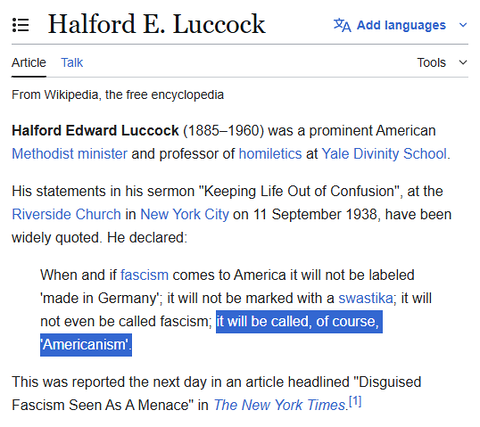 A screenshot of a Wikipedia article for Halford E. Luccock. The highlighted text quotes his 1938 sermon warning that when fascism comes to America, it won’t be called fascism but will be called “Americanism.”