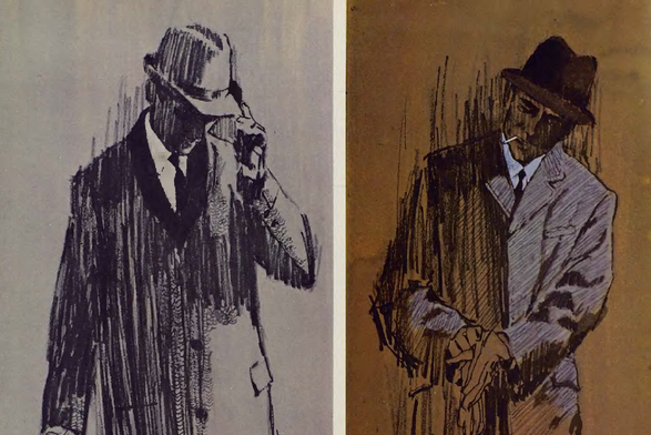 1962 Cityscape with Man in Profile

The image depicts a man wearing a fedora hat and smoking a cigarette, set against the backdrop of an urban environment.
His profile is visible as he gazes off into the distance.
Tags: cityscape, noir, shadowy figure, smoke, contemplation