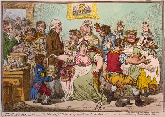 An 1802 cartoon by James Gillray of the early controversy surrounding Edward Jenner's vaccination procedure, showing his cowpox-derived smallpox vaccine causing cattle to emerge from patients. By James Gillray - Library of Congress, Prints & Photographs Division, LC-USZC4-3147 (color film copy transparency), archival TIFF version (4 MB), converted to JPEG with the GIMP 2.4.5, image quality 88., Public Domain, https://commons.wikimedia.org/w/index.php?curid=2289666