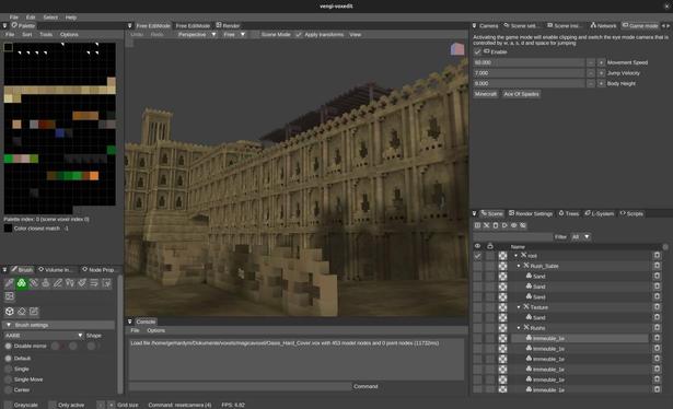🕶️ A view of its user interface on a dark theme (taken from the website) with an image being edited entitled “Oasis Hard Cover” depicting a finely carved stone castle resembling those found in the Maghreb. In the center of the UI is the image, on the right are the settings menus with numerous tabs, on the left is a color palette, below are the painting tools, and at the bottom center is a console. 

📚️ vengi VoxEdit is a libre, multi-platform voxel editor with animation support and load/save in many voxel volume formats. It is built around 256-color palettes and offers support for animation of layers and keyframes (start/end frames of a movement), multiple windows and monitors, Undo/Redo, Copy/Cut/Paste, scene layers and graphs, custom color palettes, import of images as height maps, palettes or planes, mesh import and voxelization, import of entire folders, export of single models or entire scenes, voxelization of true type fonts, procedural content generation, level-of-detail (LOD) volume generation, and volume cropping.