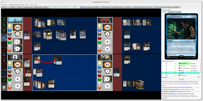 🕶️ A view of its UI during a 4-player online game (of Magic: The Gathering) I attended as a spectator. The main part of the UI is divided into 4, showing for each player the cards placed on the mat and its parameters. On the right-hand side of the UI, several zones (which can be detached from the UI), including Card Info (the spectator can select a card on the mat with a mouse hover to read it better), Player List (selecting a player also opens a menu with actions on that player, such as chat, add to friends list, view games, etc.), Messages (from the UI specifying player actions). At the top of the UI, tabs allow you to build a Deck by selecting cards online, view Servers by game type, view Replays, attend (and participate in?) several games simultaneously.

📚️ Cockatrice is a libre, multi-platform virtual tabletop card game (on a client/server model) whose (server-based) design prevents users from manipulating the game to gain an unfair advantage. Features include Deck design (cards downloaded from the interface), a well-designed lobby client allowing different types of game (Magic: The Gathering, Poker, Pokemon, YuGiOh, Hearthstone) with or without spectators, tabbed navigation between multiple games, chat, replay of games, offline solo play, themes, sound effects (deactivatable). Excellent!