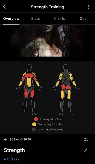 A screenshot from Garmin Connect following a strength training workout. It shows a body diagram front and back, with various muscle groups highlighted in red and yellow.. in this instance, my chest, biceps, thighs and buttocks are in red, denoting directly targeted muscle groups. Forearms, shoulders, triceps and rear thigh muscles are in yellow denoting secondary muscles