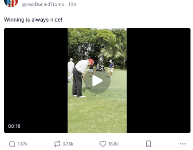 The screenshot featuring DementiaDon's secretion, "Winning is always nice," on his antisocial media platform shows a short video of the US president golfing.