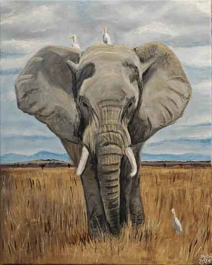 An oil painting. A large elephant stands facing forward in a golden grassland, its ears spread wide and tusks curving down. Two white cattle egrets sit atop its head, while a third stands in the tall grass beside it. Soft blue mountains and a cloudy sky form the distant backdrop, creating a calm savanna atmosphere.