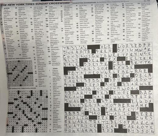 The New York Times Sunday crossword puzzle completed in ink with no errors.
