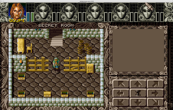 🕶️ A view of his UI with on the main area on the left, a bird's eye view with the protagonist (me) exploring a room of chests (beware: some are booby-trapped :), on the right an information and command area that adapts according to the circumstances, and on the top the different characters available.

📚️ Ambermoon is a libre and multi-platform remake of the eponymous RPG (1993, on Amiga, by Thalion Software), 2nd part of the Amber trilogy (Amberstar, Ambermoon and then Amber Worlds not published) taking place in the world of Lyramion, 70 years later. In the 1st opus the hero took an artifact to defeat a half-man half-demon creature. In this opus, Lyramion has collided with its 3rd moon, which has divided it into small islands. The hero of the 1st opus, now old, confides on his deathbed to his grandson that a vision of his presumed dead friend warned him of a threat, and asks him to find this old friend...
