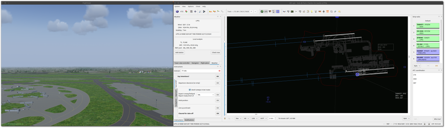 🕶️ A view of its UI (v.1.9.0, on the right screen) in operation connected with the Flightgear flight simulator (v. 20224.1.1, for the screenshot I've put the 2 windows together, but they are 2 separate applications) on my Linux PC. On the screen on the right (ATC-pie) I've launched the simulation at Roissy-Charles-de-Gaulle airport in the Paris region. The main window shows the airport (in gray on a black background - not very visible on the screenshot, more visible on screen) with its 4 runways. On the right-hand side, the rack strips of the planes handled. On the left screen (Flightgear, whose view is controlled by ATC-pie) a view from the control tower, on a clear day (adjustable from ATC-pie).

📚️ ATC-pie is a libre, multiplatform simulation of air traffic control (ATC). It features single-player, multi-player and teacher-student sessions, and renders 3D views of airports using FlightGear. It is essentially designed for realism, and simulates real ATC tasks and equipment such as tape racks and sequence management, handovers to/from neighboring controllers, flight plans, primary and secondary radars, RDF, CPDLC, ATIS registration...