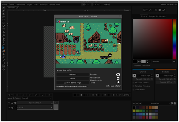 🕶️ A view of its user interface (v.1.1, on a dark theme, on my Linux PC) with, in the foreground, its new home interface featuring a few main buttons (New, Open, Open last project), a few links and a magnificent pixel art image, and in the background, on the main and central part, we can make out the drawing area with its checkerboard pattern, below, a layer system with the various layers making up the display, on the right, the color selection panel, and below that the 2 tools in use (pencil and eraser, associated with the left and right mouse buttons), on the left the icons of the available tools, and at the top the menus of the user interface and the tab in use.

📚️ Pixelorama is a libre, multiplatform pixel art drawing tool for sprite and tile creation and animation. It features dynamic (one-click) assignment of tools to mouse buttons, timeline animation, drawing during animation, predefined or custom palettes, an elaborate 2D/3D layer system with non-destructive modifications, a powerful drawing canvas with guides, tiles of various shapes (2D, 2.5D), automatic saving, import/export (PNG, sprite sheets, animated GIF & PNG), rotation and scaling algorithms, multiple effects, highly customizable interface, plug-in system, command-line automation.