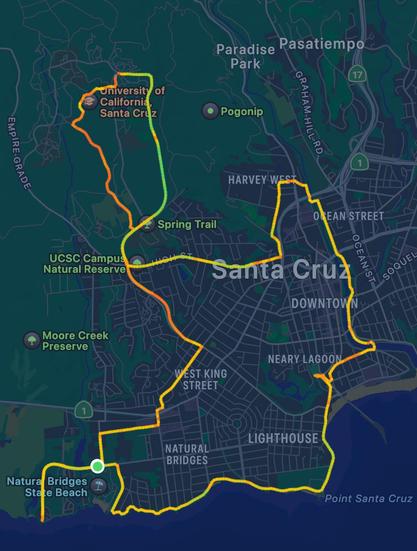 Route map for a 15.7 mile road bike ride from Natural Bridges in Santa Cruz CA up beyond the University of California at Santa Cruz.