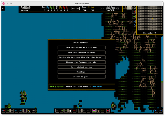 🕶️ A view of its UI (v.50.13) in ncurses/ASCII mode after generating a map and activating the main menu.

📚️ Dwarf Fortress is a game mixing RPG and strategy/management (free ncurse version, paid graphical version) in a procedurally generated persistent world. It provides 2 main game modes, one of strategy/management of a dwarf colony with the objective to build a fortress and fight external threats (goblins, ...), the other is a classic RPG in which the player explores the world and its dangers, and completes quests. It is a reference game, recognized worldwide for its qualities.