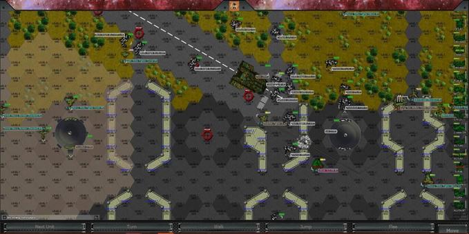 🕶️ A view of its UI (on a dark theme) taken from the site, entitled “A battle with dropships on the tarmac”, with various units arranged on a map composed of hexagonal squares, with a list of units and their status on the right-hand side of the UI, and command buttons at the bottom.

📚️ MegaMek is a libre, multi-platform, single-player (AI) / multiplayer (online) clone of BattleTech, a science-fiction themed board/strategy game featuring military campaigns with gigantic robots, tanks and infantry. All Total Warfare rules are implemented. Tactical Operations and Strategic Operations rules are constantly under development, and many of these rules and weapons are already implemented. The game supports all unit types and players can create their own units, maps and scenarios. Excellent!